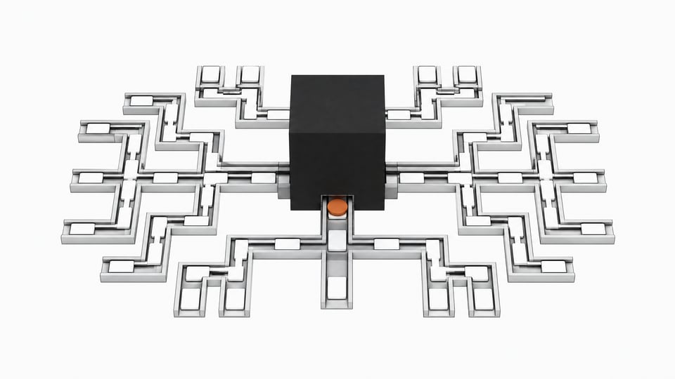 A sealed central processing block routing blank unlabelled plates along an exposed structural track network, representing an automated AI decision branching system.