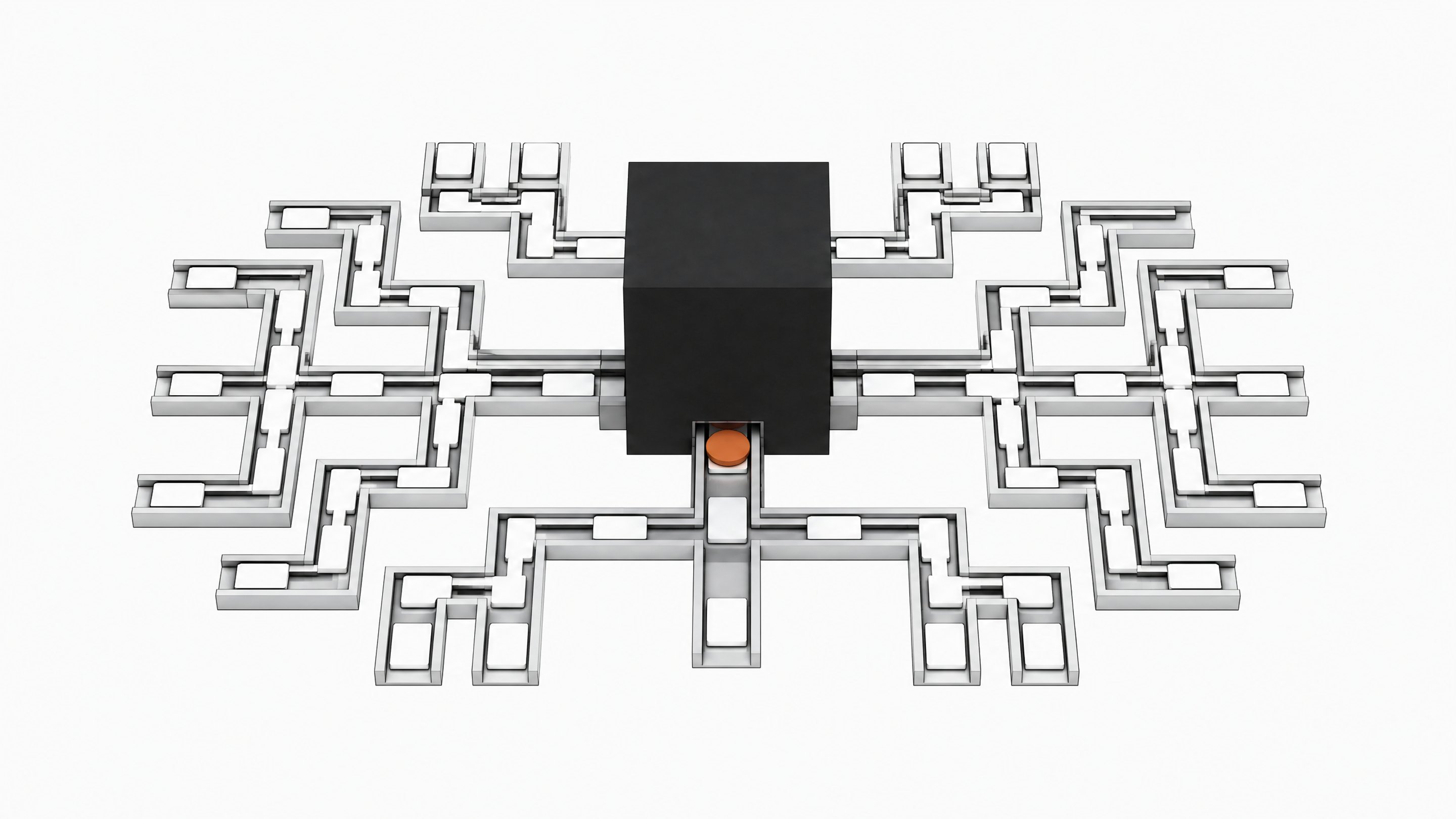 A sealed central processing block routing blank unlabelled plates along an exposed structural track network, representing an automated AI decision branching system.