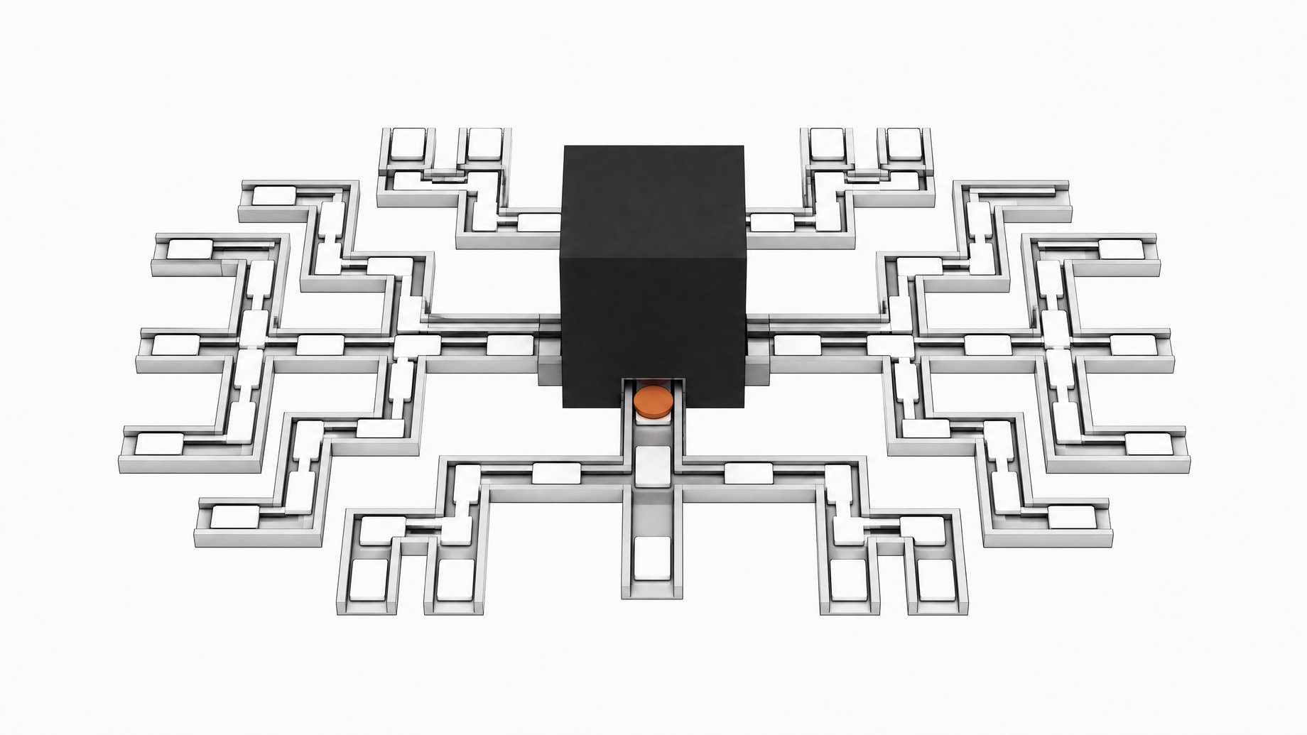 A sealed central processing block routing blank unlabelled plates along an exposed structural track network, representing an automated AI decision branching system.