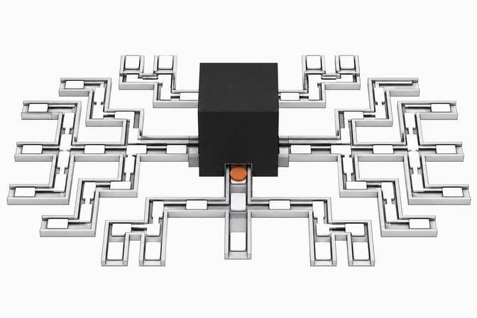 A sealed central processing block routing blank unlabelled plates along an exposed structural track network, representing an automated AI decision branching system.