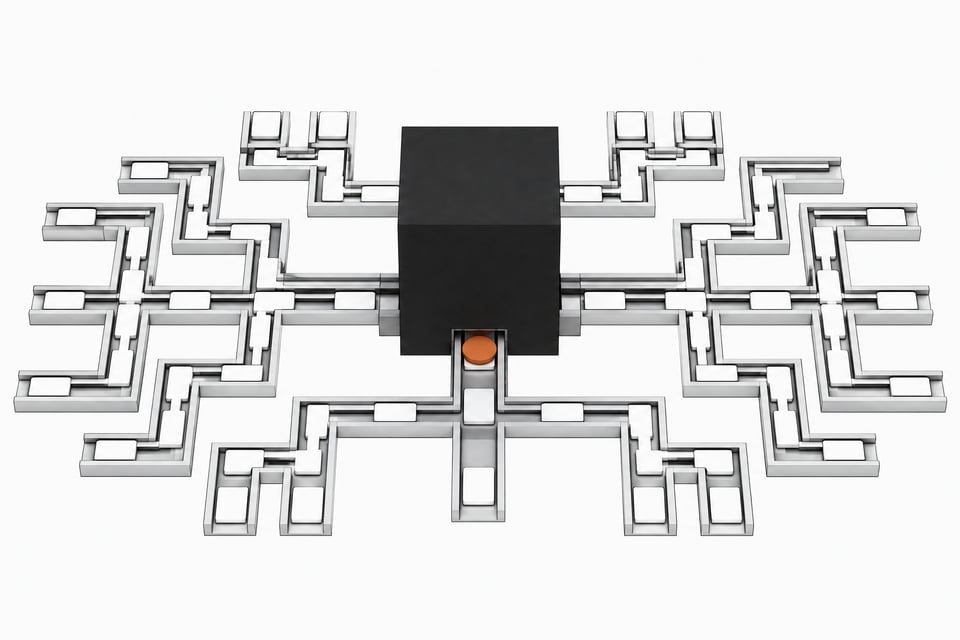 A sealed central processing block routing blank unlabelled plates along an exposed structural track network, representing an automated AI decision branching system.