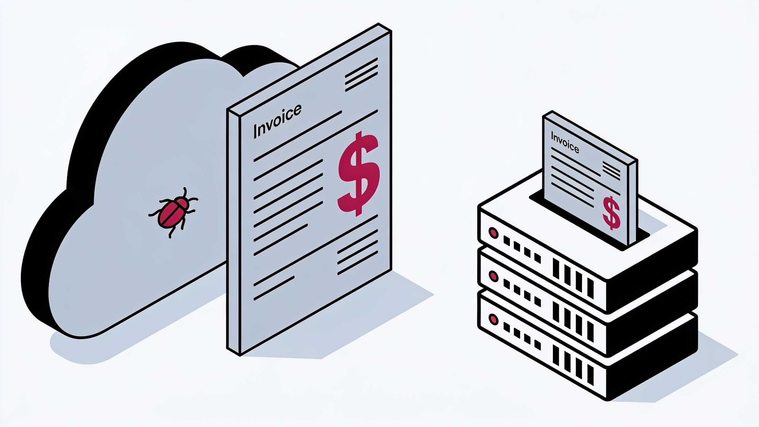 Minimal ink and crimson illustration of a solid server rack beside a cracked cloud icon leaking dollar signs upward like an uncontrolled meter