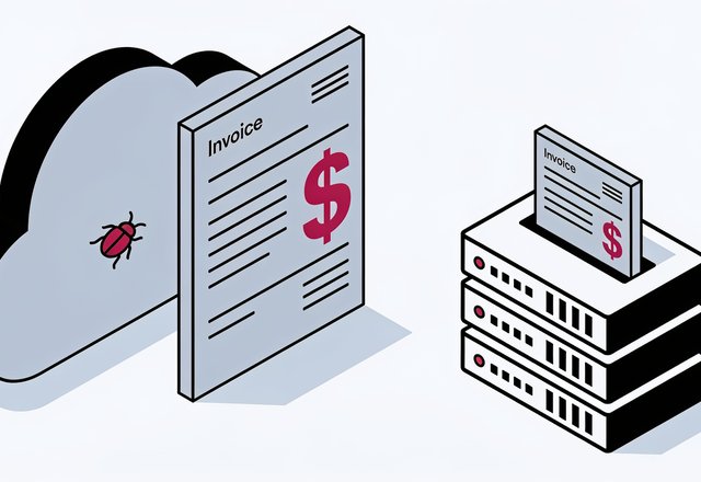 Minimal ink and crimson illustration of a solid server rack beside a cracked cloud icon leaking dollar signs upward like an uncontrolled meter