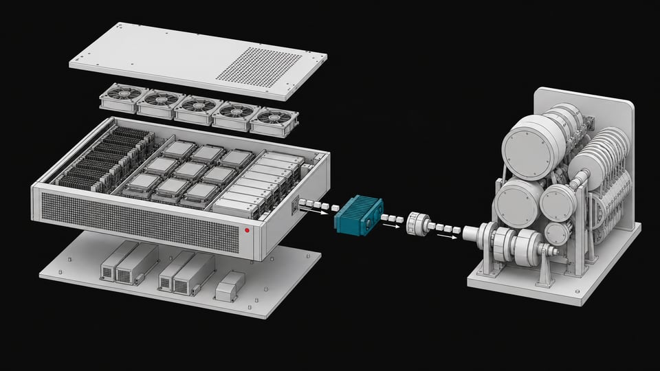 An exploded hardware view of a self-hosted server chassis routing data internally to bypass an external API usage-metering apparatus.