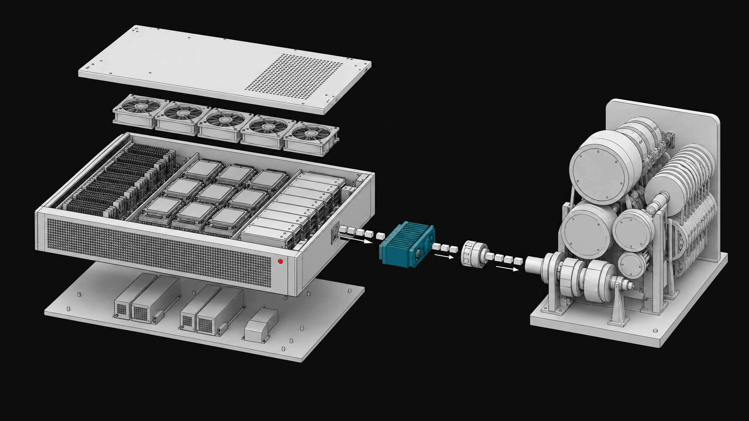 An exploded hardware view of a self-hosted server chassis routing data internally to bypass an external API usage-metering apparatus.
