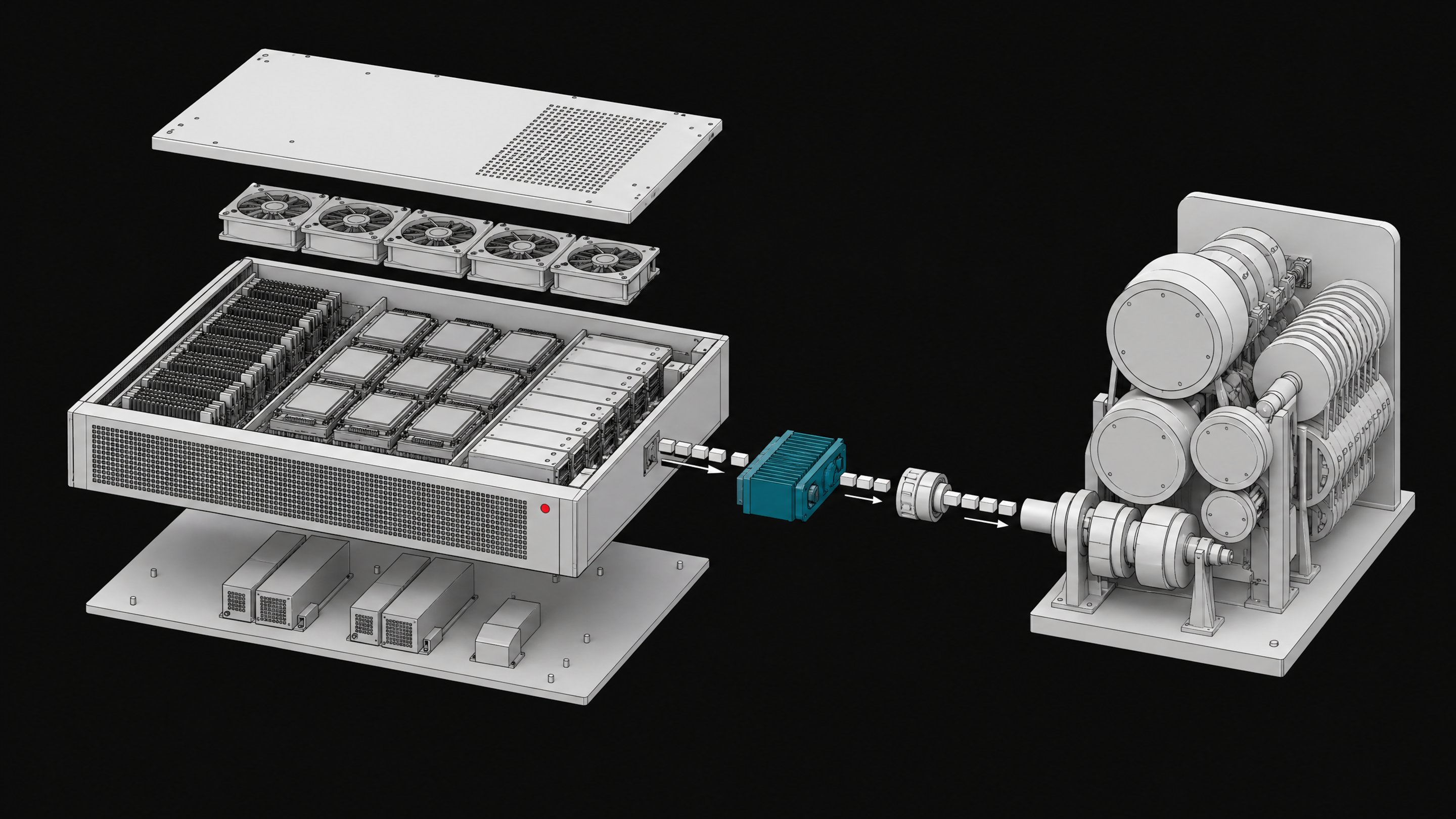 An exploded hardware view of a self-hosted server chassis routing data internally to bypass an external API usage-metering apparatus.