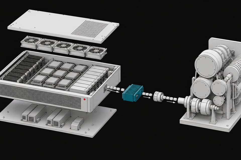 An exploded hardware view of a self-hosted server chassis routing data internally to bypass an external API usage-metering apparatus.