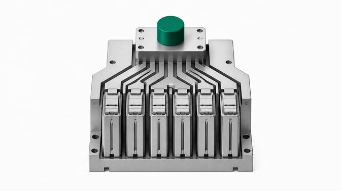 An abstract hardware representation of an AI agent multiplexer, showing a single centralized control node distributing out to a row of identical processing cartridges.