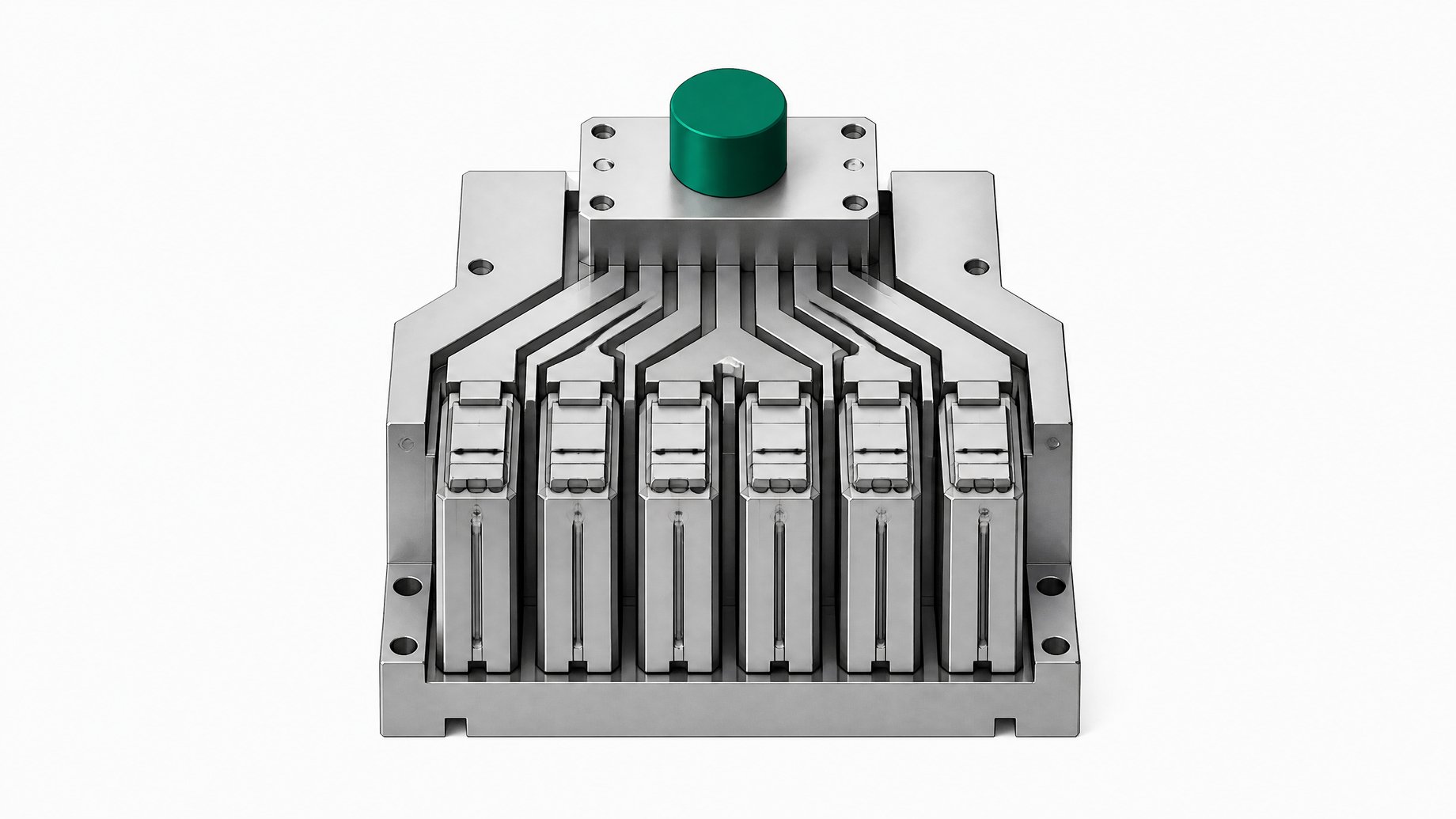 An abstract hardware representation of an AI agent multiplexer, showing a single centralized control node distributing out to a row of identical processing cartridges.