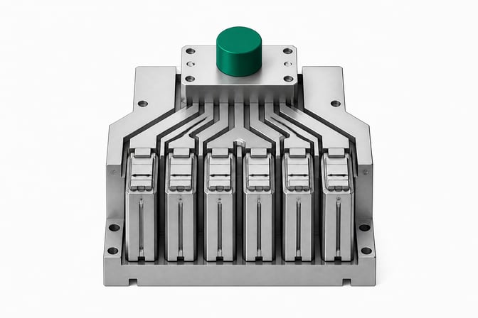 An abstract hardware representation of an AI agent multiplexer, showing a single centralized control node distributing out to a row of identical processing cartridges.