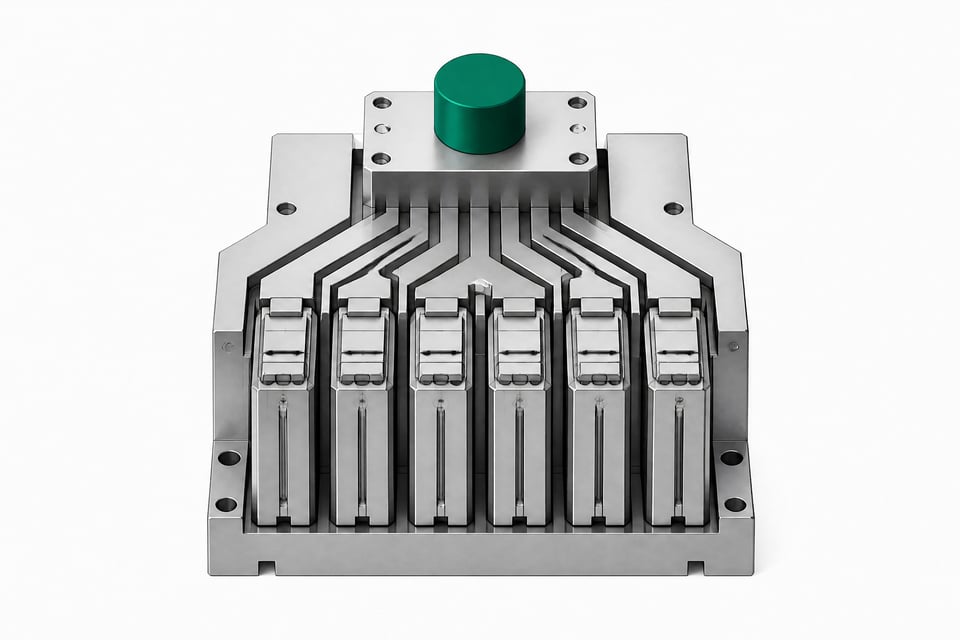 An abstract hardware representation of an AI agent multiplexer, showing a single centralized control node distributing out to a row of identical processing cartridges.