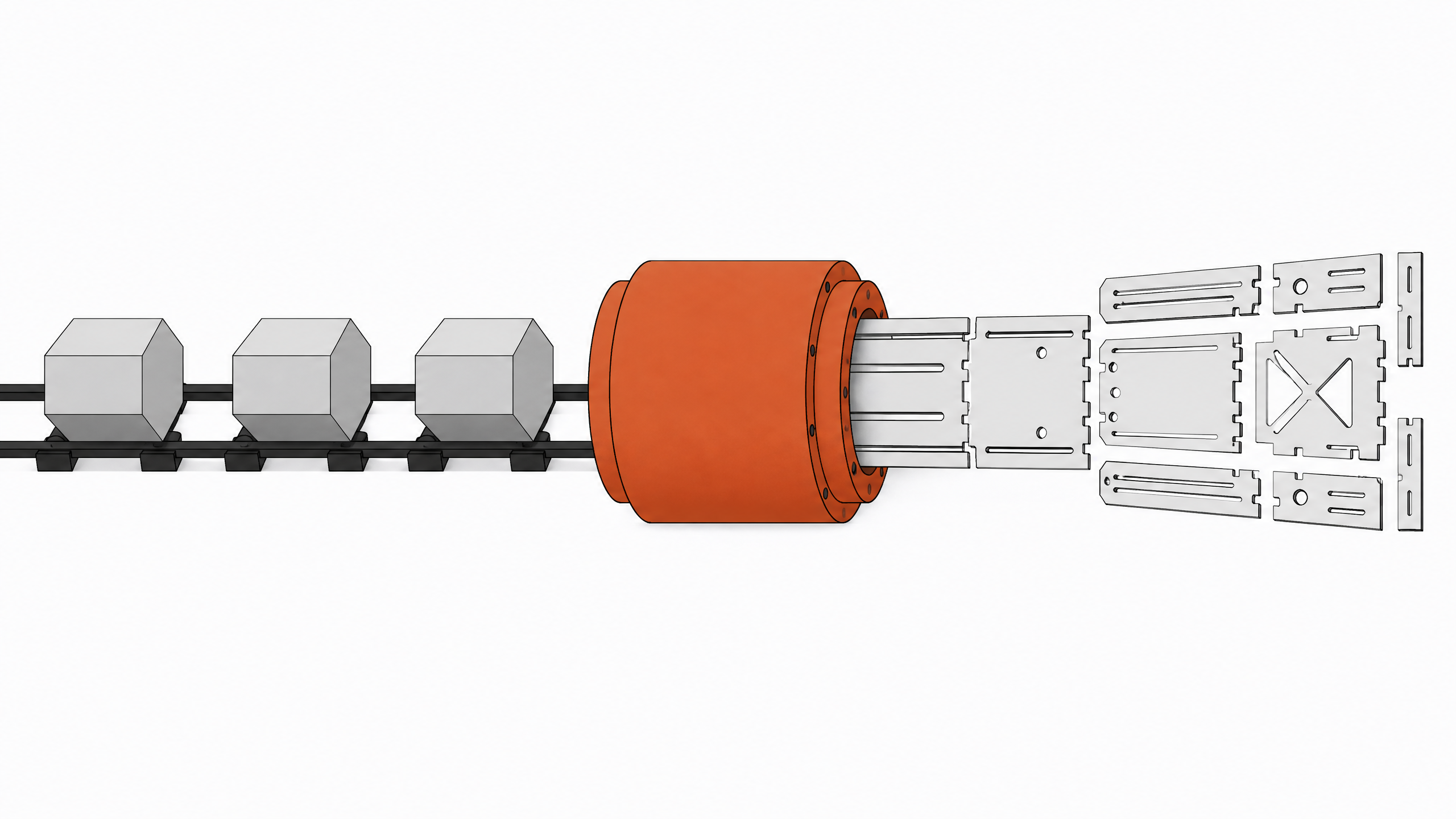 A precision extrusion die converting solid geometric blocks into complex, interlocking interface panels, representing the Fable 5.1 F-sharp to JavaScript compilation pipeline for internal tools.