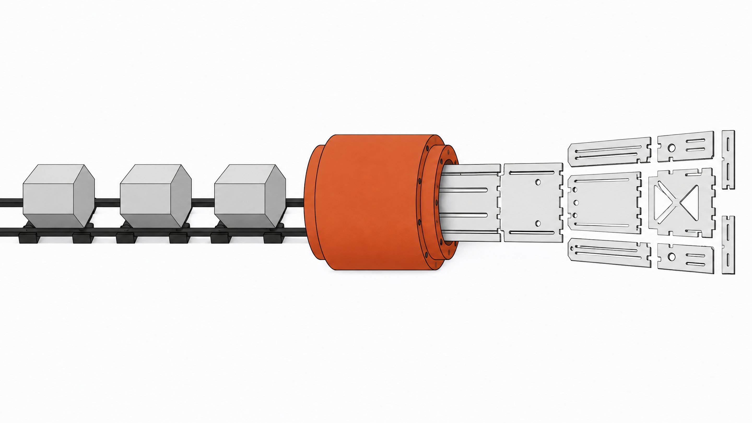 A precision extrusion die converting solid geometric blocks into complex, interlocking interface panels, representing the Fable 5.1 F-sharp to JavaScript compilation pipeline for internal tools.