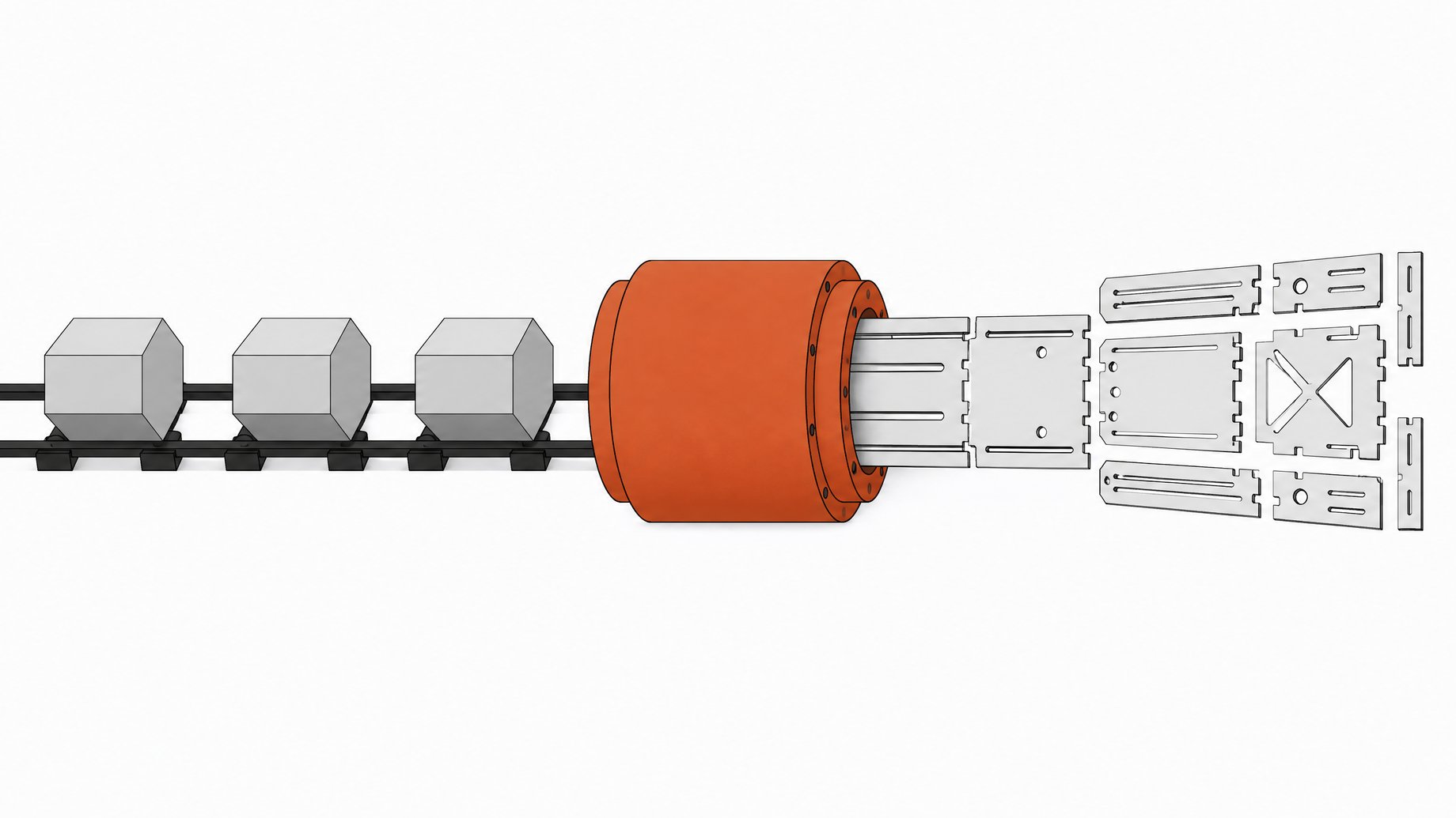 A precision extrusion die converting solid geometric blocks into complex, interlocking interface panels, representing the Fable 5.1 F-sharp to JavaScript compilation pipeline for internal tools.