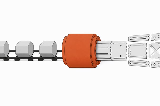 A precision extrusion die converting solid geometric blocks into complex, interlocking interface panels, representing the Fable 5.1 F-sharp to JavaScript compilation pipeline for internal tools.