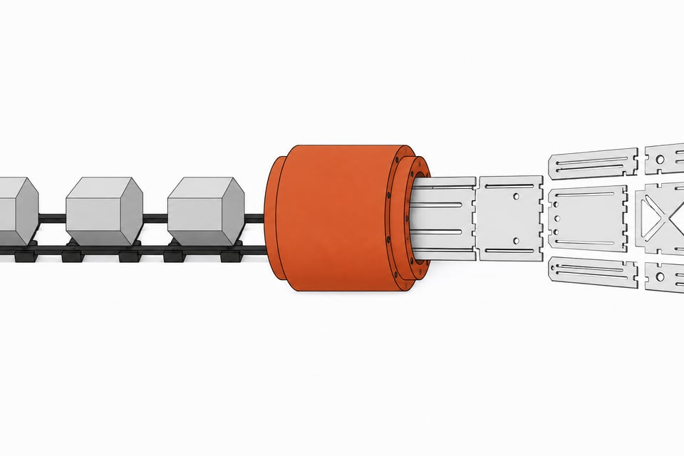 A precision extrusion die converting solid geometric blocks into complex, interlocking interface panels, representing the Fable 5.1 F-sharp to JavaScript compilation pipeline for internal tools.