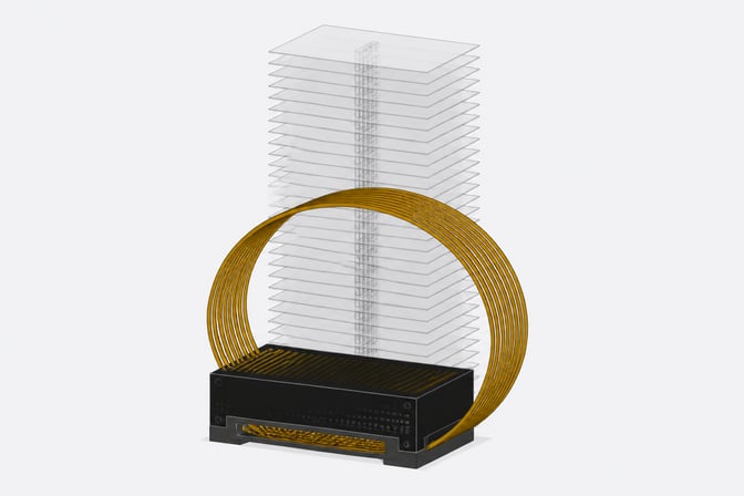 A single processing block with a continuous track looping back into itself stands in front of a tall, transparent stack of multiple layers, illustrating a looped transformer.