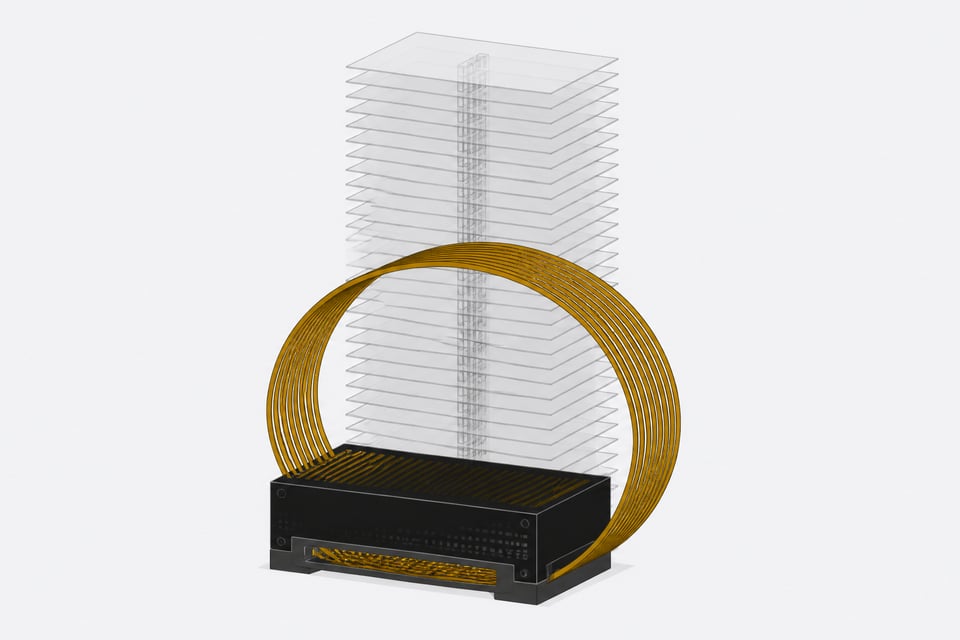 A single processing block with a continuous track looping back into itself stands in front of a tall, transparent stack of multiple layers, illustrating a looped transformer.