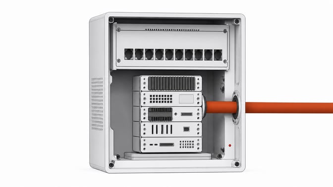 A cutaway view of a hardware enclosure where a stack of five local compute modules bypasses the primary routing interface via a dedicated, outward-facing structural conduit.