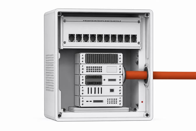A cutaway view of a hardware enclosure where a stack of five local compute modules bypasses the primary routing interface via a dedicated, outward-facing structural conduit.