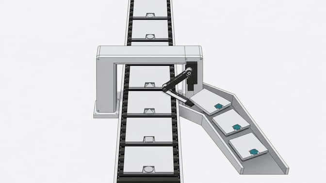 A continuous sorting conveyor uses a diverter arm to physically separate specific rectangular video panels into a side chute based on their metadata tokens, leaving a filtered main feed.