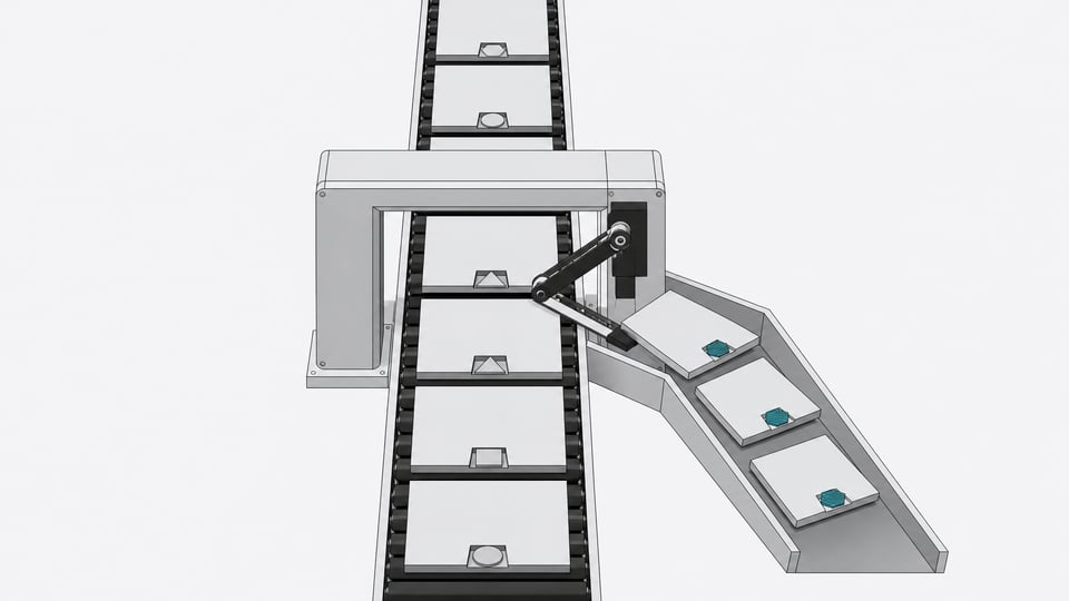 A continuous sorting conveyor uses a diverter arm to physically separate specific rectangular video panels into a side chute based on their metadata tokens, leaving a filtered main feed.