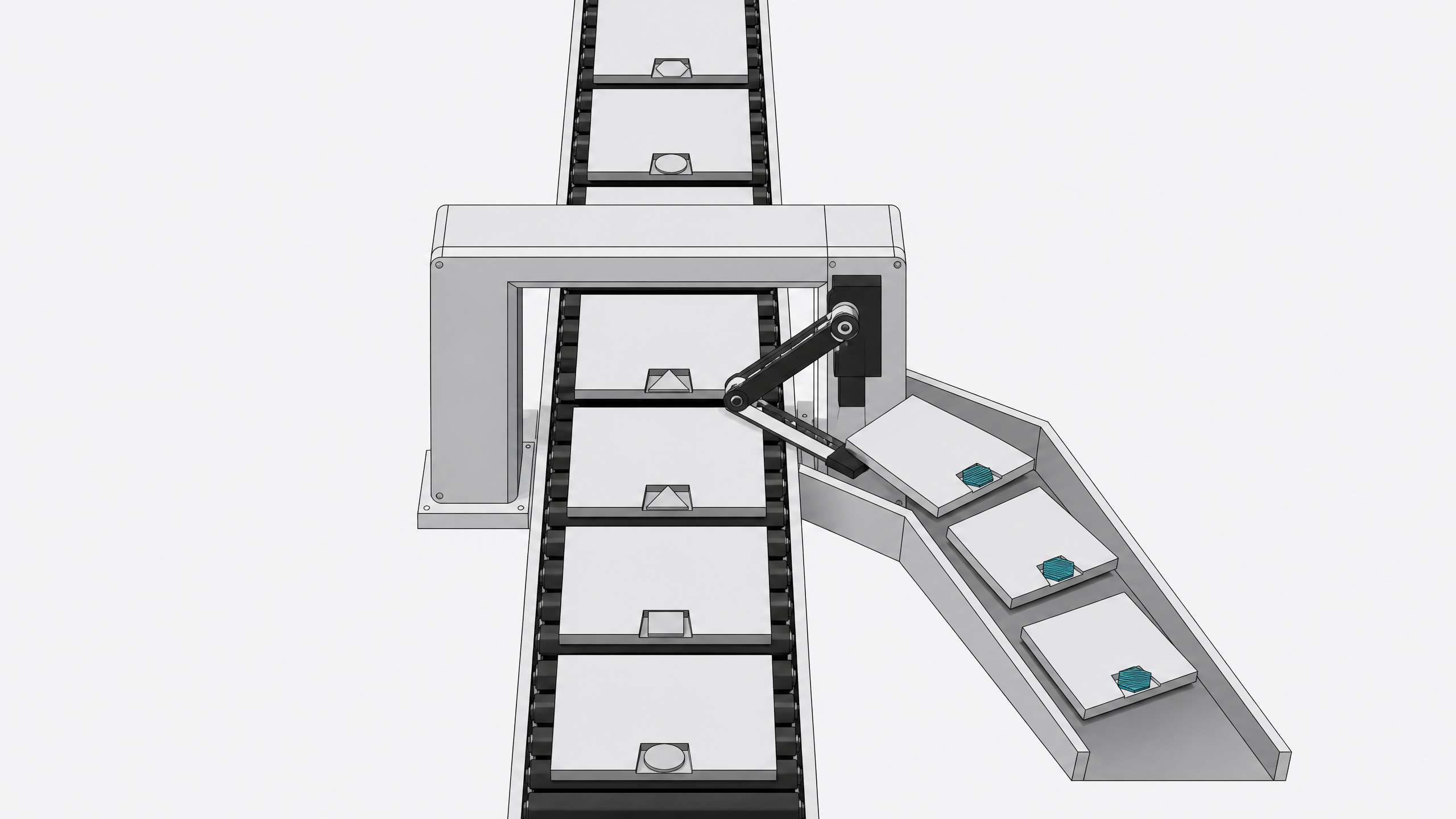 A continuous sorting conveyor uses a diverter arm to physically separate specific rectangular video panels into a side chute based on their metadata tokens, leaving a filtered main feed.