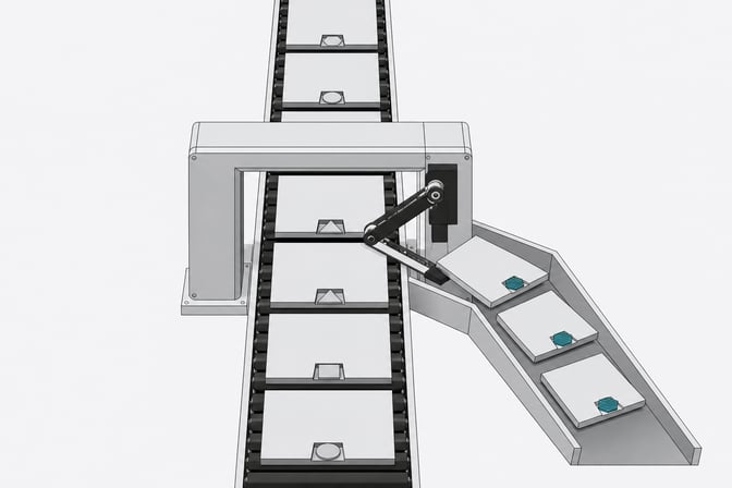 A continuous sorting conveyor uses a diverter arm to physically separate specific rectangular video panels into a side chute based on their metadata tokens, leaving a filtered main feed.