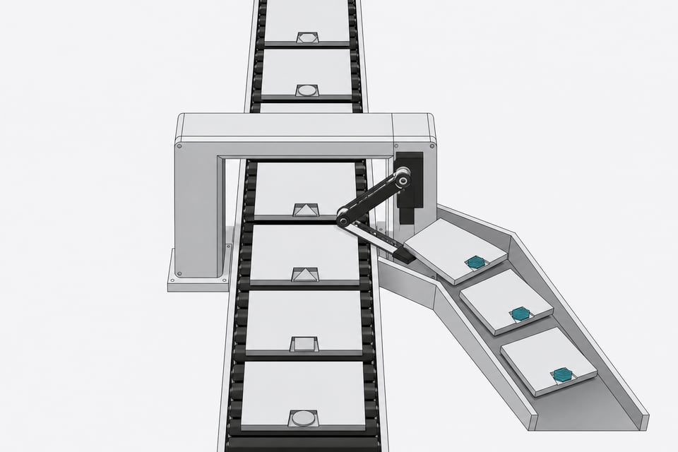 A continuous sorting conveyor uses a diverter arm to physically separate specific rectangular video panels into a side chute based on their metadata tokens, leaving a filtered main feed.