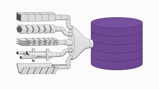 A structural diagram of five distinctly shaped data pipelines converging through a unified manifold into a single, massive database cylinder.