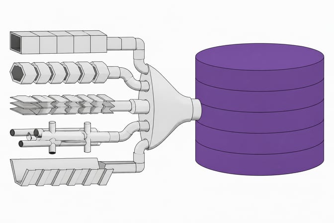 A structural diagram of five distinctly shaped data pipelines converging through a unified manifold into a single, massive database cylinder.
