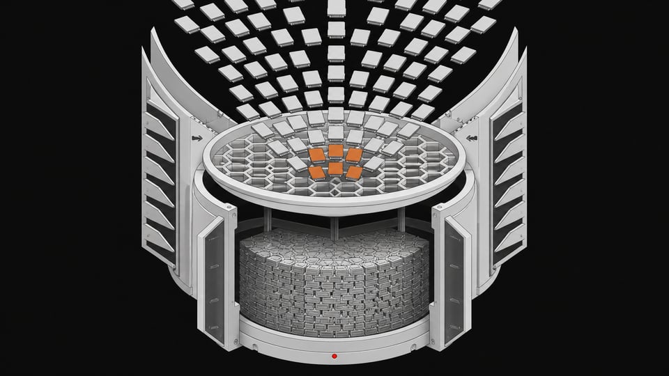 An exploded view of a one-way mechanical data manifold pulling scattered memory cards through an intake screen into a dense central core, illustrating an automated web-scraping pipeline.