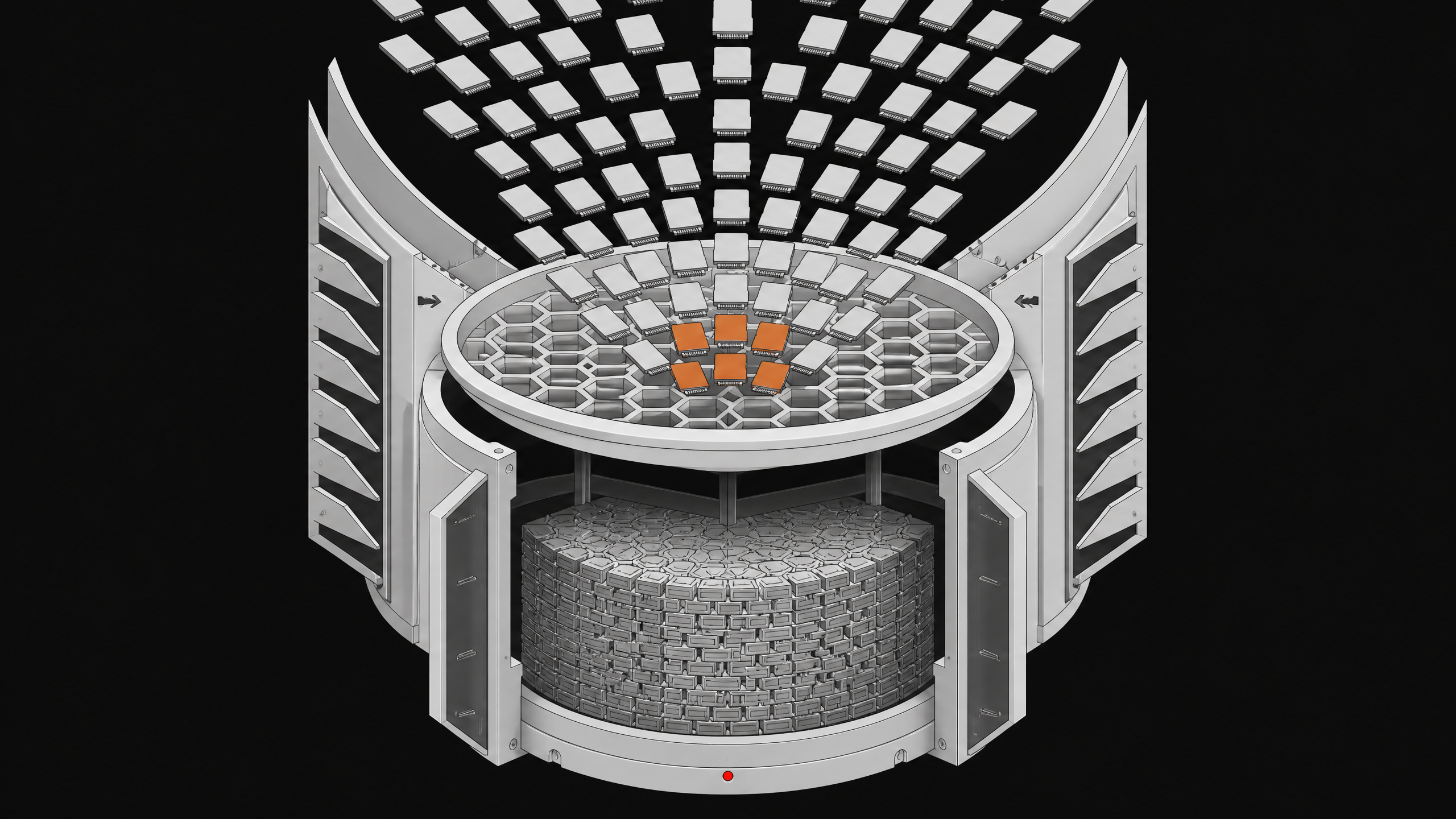 An exploded view of a one-way mechanical data manifold pulling scattered memory cards through an intake screen into a dense central core, illustrating an automated web-scraping pipeline.