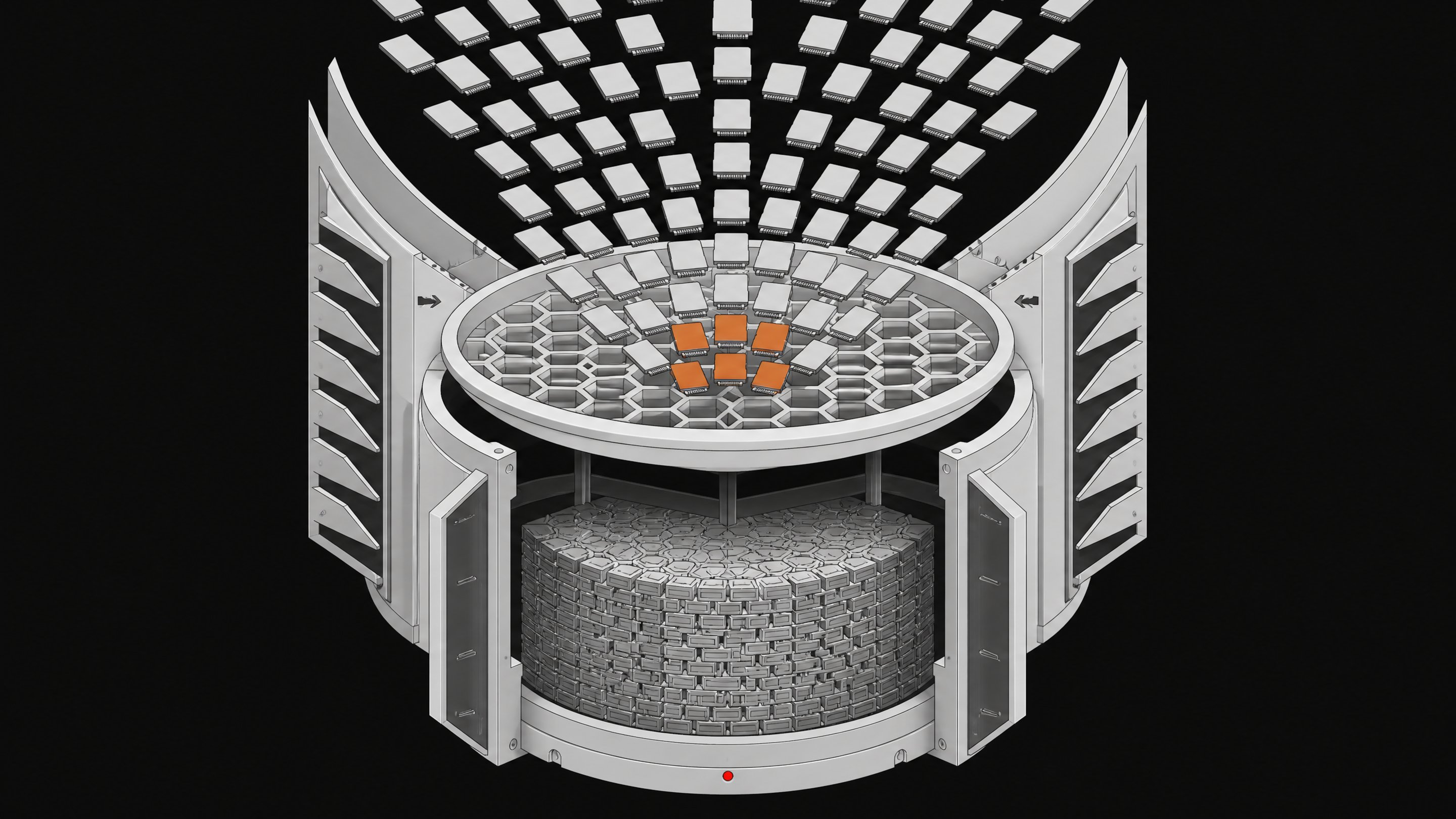 An exploded view of a one-way mechanical data manifold pulling scattered memory cards through an intake screen into a dense central core, illustrating an automated web-scraping pipeline.