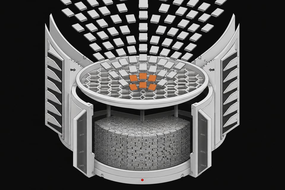 An exploded view of a one-way mechanical data manifold pulling scattered memory cards through an intake screen into a dense central core, illustrating an automated web-scraping pipeline.