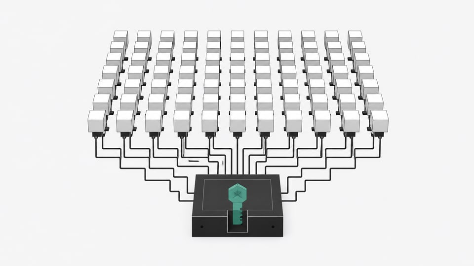 A central orchestration framework hardware block connecting to a vast, uniform grid of identical automated processing modules.