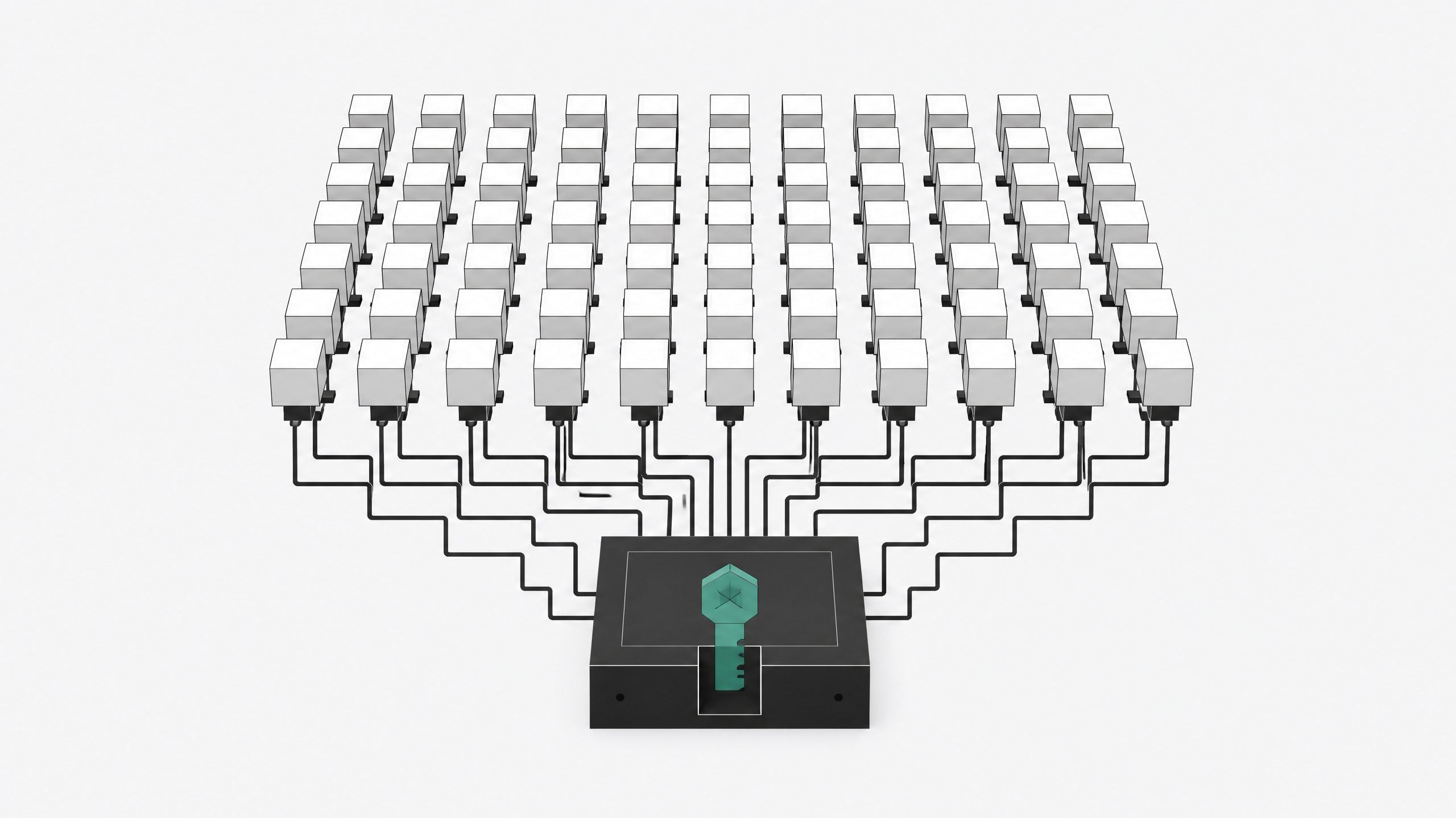 A central orchestration framework hardware block connecting to a vast, uniform grid of identical automated processing modules.