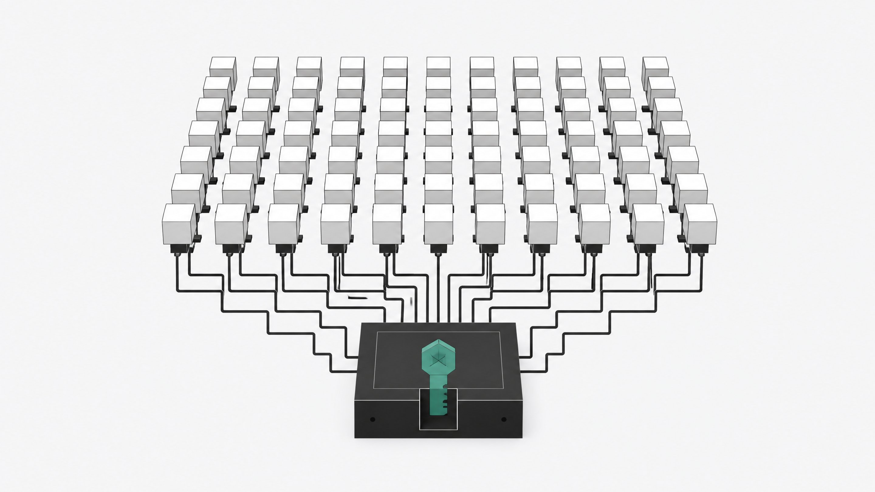 A central orchestration framework hardware block connecting to a vast, uniform grid of identical automated processing modules.