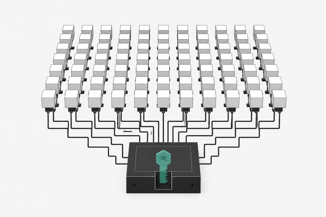 A central orchestration framework hardware block connecting to a vast, uniform grid of identical automated processing modules.
