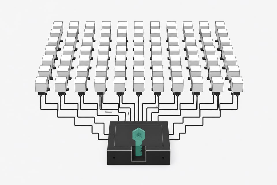 A central orchestration framework hardware block connecting to a vast, uniform grid of identical automated processing modules.