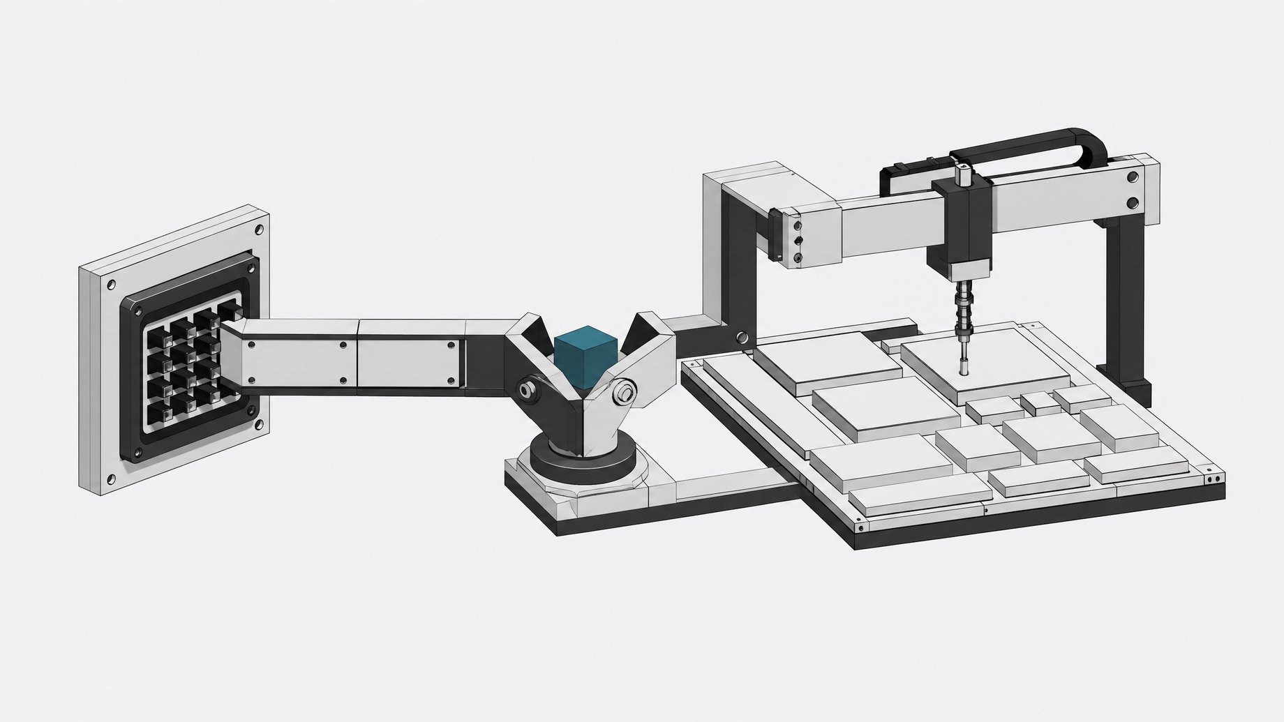 A routing switch diverts a data block toward either an enclosed multi-pin hardware socket or an overhead mechanical gantry pressing onto flat interface panels, contrasting API automation with browser-level UI navigation.