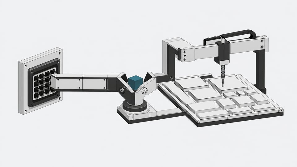 A routing switch diverts a data block toward either an enclosed multi-pin hardware socket or an overhead mechanical gantry pressing onto flat interface panels, contrasting API automation with browser-level UI navigation.