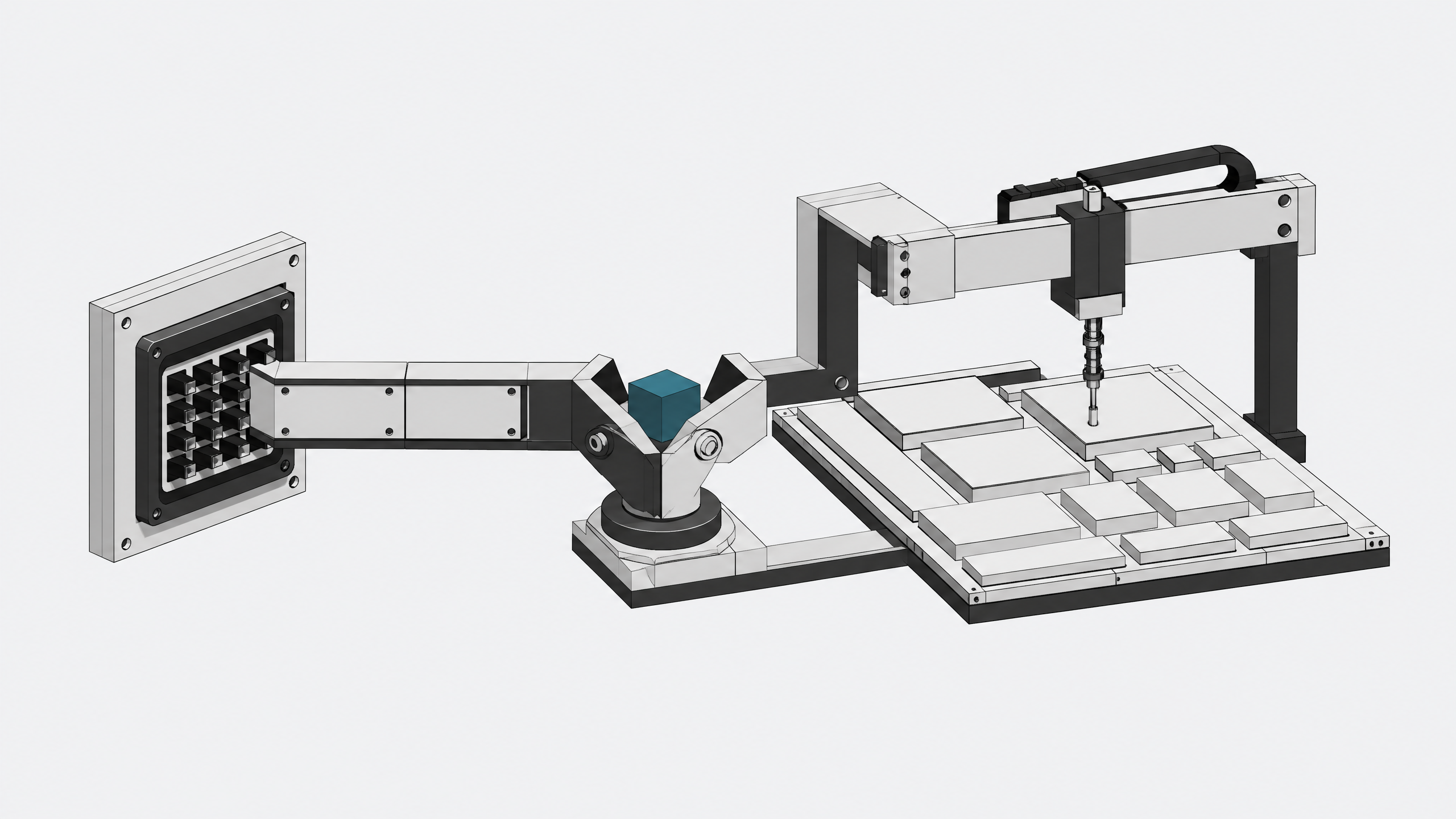 A routing switch diverts a data block toward either an enclosed multi-pin hardware socket or an overhead mechanical gantry pressing onto flat interface panels, contrasting API automation with browser-level UI navigation.