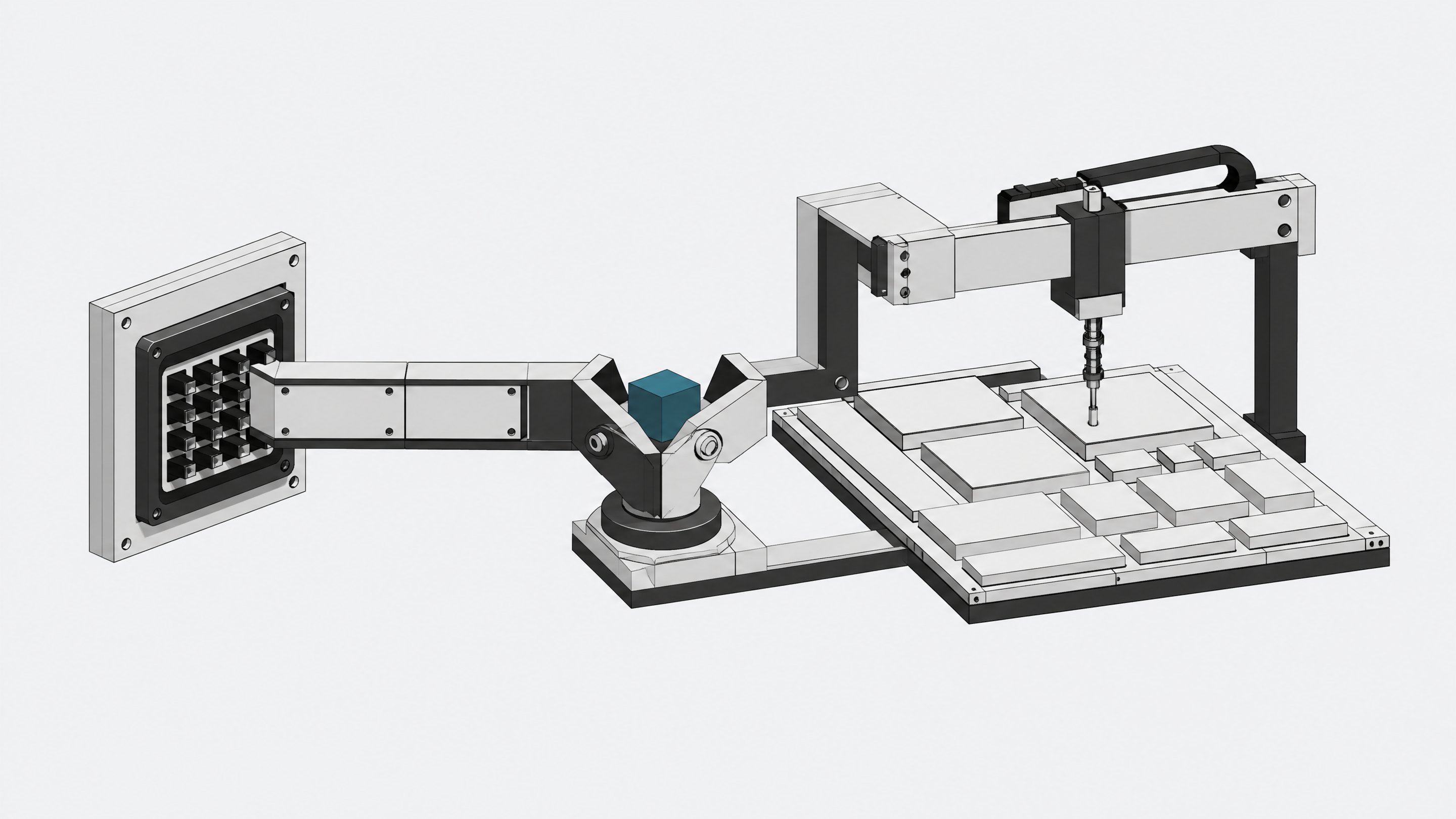 A routing switch diverts a data block toward either an enclosed multi-pin hardware socket or an overhead mechanical gantry pressing onto flat interface panels, contrasting API automation with browser-level UI navigation.
