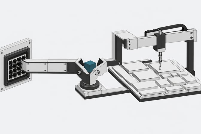 A routing switch diverts a data block toward either an enclosed multi-pin hardware socket or an overhead mechanical gantry pressing onto flat interface panels, contrasting API automation with browser-level UI navigation.