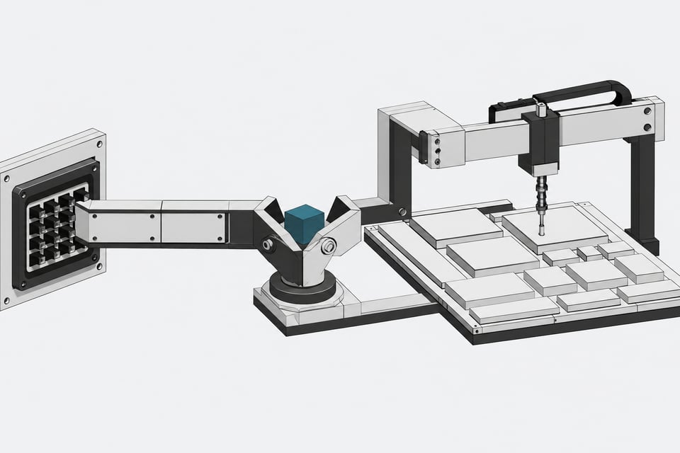 A routing switch diverts a data block toward either an enclosed multi-pin hardware socket or an overhead mechanical gantry pressing onto flat interface panels, contrasting API automation with browser-level UI navigation.