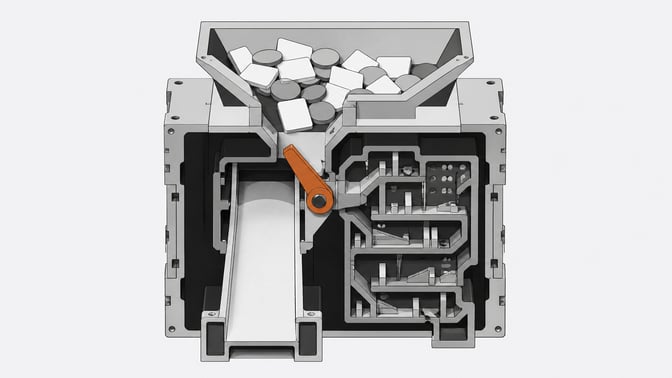 A cross-section of an abstract hardware module routing blank data tokens into either a direct high-throughput chute or a denser, multi-stage processing chamber.