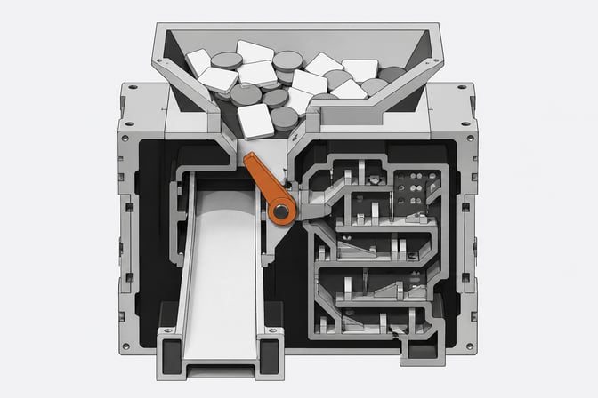 A cross-section of an abstract hardware module routing blank data tokens into either a direct high-throughput chute or a denser, multi-stage processing chamber.