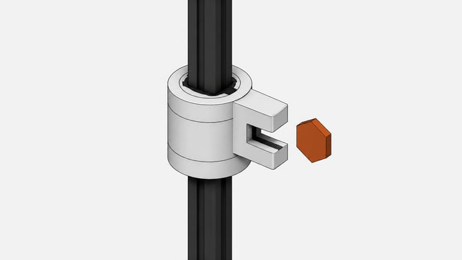 A single cylindrical commit node on a vertical spine, with a hexagonal locator tag detached and hovering just outside its lateral mounting slot.