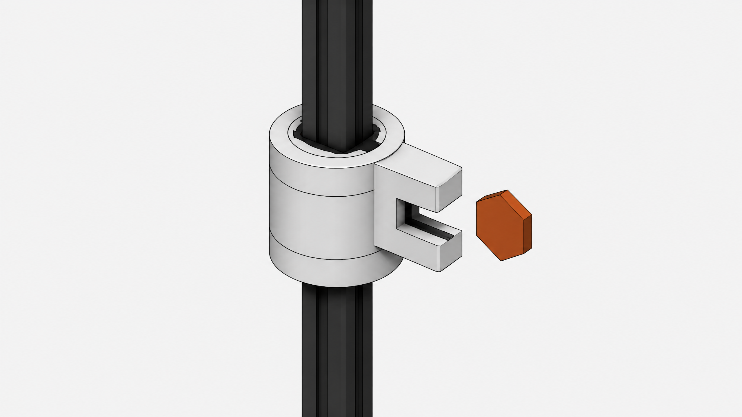 A single cylindrical commit node on a vertical spine, with a hexagonal locator tag detached and hovering just outside its lateral mounting slot.